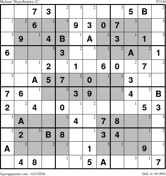 The grouppuzzles.com Medium HyperSudoku-12 puzzle for Tuesday June 23, 2026 with the first 3 steps marked