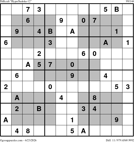 The grouppuzzles.com Difficult HyperSudoku-12 puzzle for Tuesday June 23, 2026