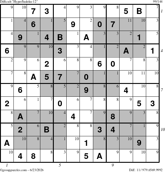 The grouppuzzles.com Difficult HyperSudoku-12 puzzle for Tuesday June 23, 2026, suitable for printing, with all 11 steps marked