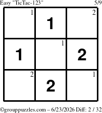 The grouppuzzles.com Easy TicTac-123 puzzle for Tuesday June 23, 2026 with the first 2 steps marked
