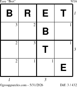 The grouppuzzles.com Easy Bret puzzle for Sunday May 31, 2026, suitable for printing, with all 3 steps marked