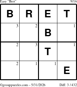 The grouppuzzles.com Easy Bret puzzle for Sunday May 31, 2026 with the first 3 steps marked