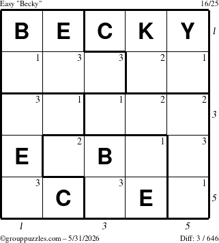 The grouppuzzles.com Easy Becky puzzle for Sunday May 31, 2026, suitable for printing, with all 3 steps marked