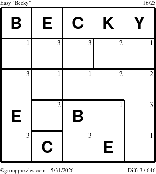 The grouppuzzles.com Easy Becky puzzle for Sunday May 31, 2026 with the first 3 steps marked