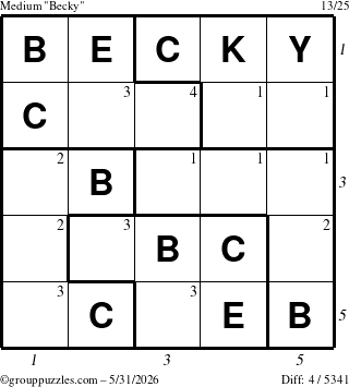The grouppuzzles.com Medium Becky puzzle for Sunday May 31, 2026, suitable for printing, with all 4 steps marked
