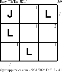 The grouppuzzles.com Easy TicTac-JKL puzzle for Sunday May 31, 2026, suitable for printing, with all 2 steps marked