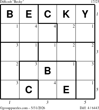 The grouppuzzles.com Difficult Becky puzzle for Sunday May 31, 2026 with all 4 steps marked