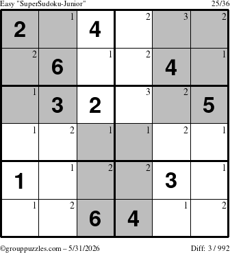 The grouppuzzles.com Easy SuperSudoku-Junior puzzle for Sunday May 31, 2026 with the first 3 steps marked