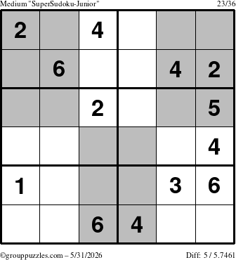 The grouppuzzles.com Medium SuperSudoku-Junior puzzle for Sunday May 31, 2026