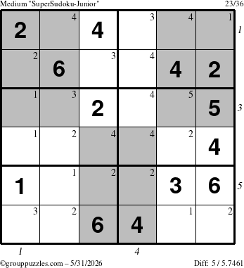 The grouppuzzles.com Medium SuperSudoku-Junior puzzle for Sunday May 31, 2026, suitable for printing, with all 5 steps marked