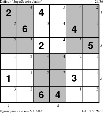 The grouppuzzles.com Difficult SuperSudoku-Junior puzzle for Sunday May 31, 2026 with all 5 steps marked