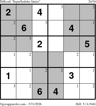 The grouppuzzles.com Difficult SuperSudoku-Junior puzzle for Sunday May 31, 2026 with the first 3 steps marked