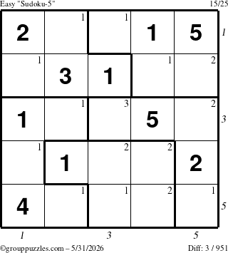 The grouppuzzles.com Easy Sudoku-5 puzzle for Sunday May 31, 2026, suitable for printing, with all 3 steps marked