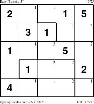The grouppuzzles.com Easy Sudoku-5 puzzle for Sunday May 31, 2026 with the first 3 steps marked