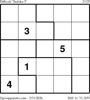 The grouppuzzles.com Difficult Sudoku-5 puzzle for Sunday May 31, 2026