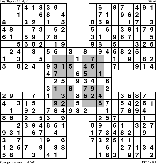 The grouppuzzles.com Easy HyperSudoku-by5 puzzle for Sunday May 31, 2026