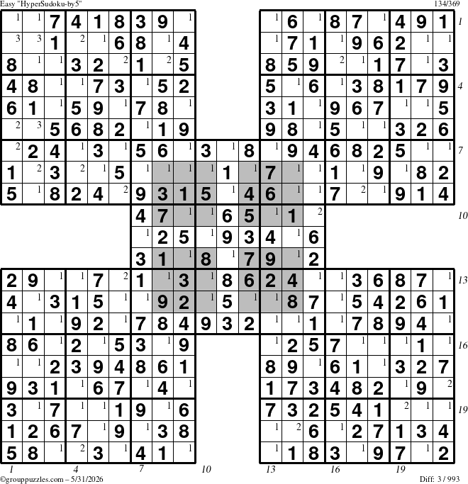 The grouppuzzles.com Easy HyperSudoku-by5 puzzle for Sunday May 31, 2026, suitable for printing, with all 3 steps marked