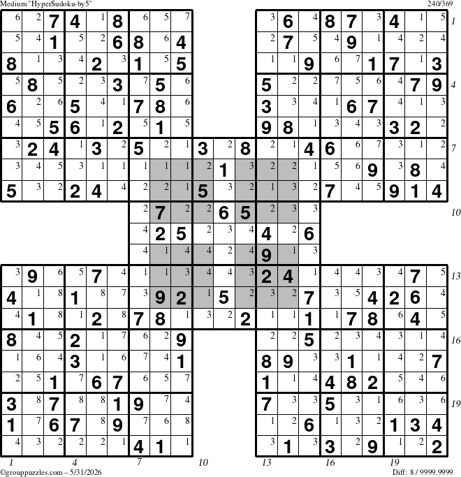 The grouppuzzles.com Medium HyperSudoku-by5 puzzle for Sunday May 31, 2026, suitable for printing, with all 8 steps marked