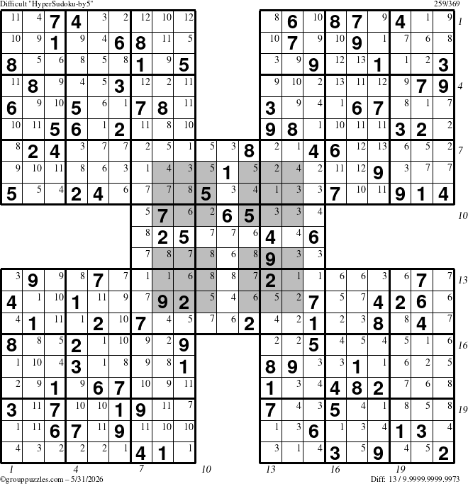 The grouppuzzles.com Difficult HyperSudoku-by5 puzzle for Sunday May 31, 2026 with all 13 steps marked