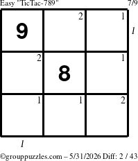 The grouppuzzles.com Easy TicTac-789 puzzle for Sunday May 31, 2026 with all 2 steps marked