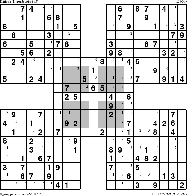 The grouppuzzles.com Difficult HyperSudoku-by5 puzzle for Sunday May 31, 2026 with the first 3 steps marked