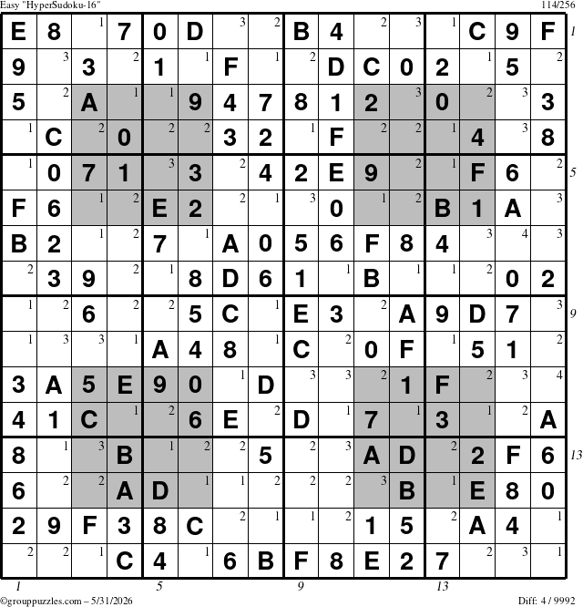 The grouppuzzles.com Easy HyperSudoku-16 puzzle for Sunday May 31, 2026 with all 4 steps marked