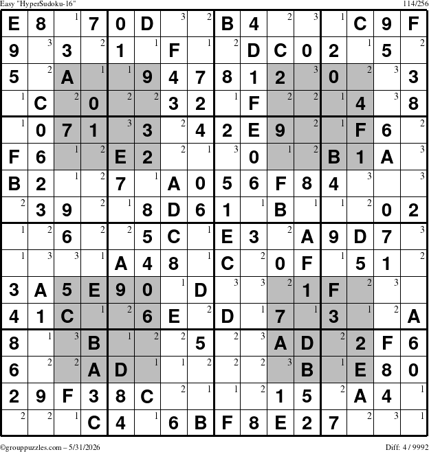 The grouppuzzles.com Easy HyperSudoku-16 puzzle for Sunday May 31, 2026 with the first 3 steps marked