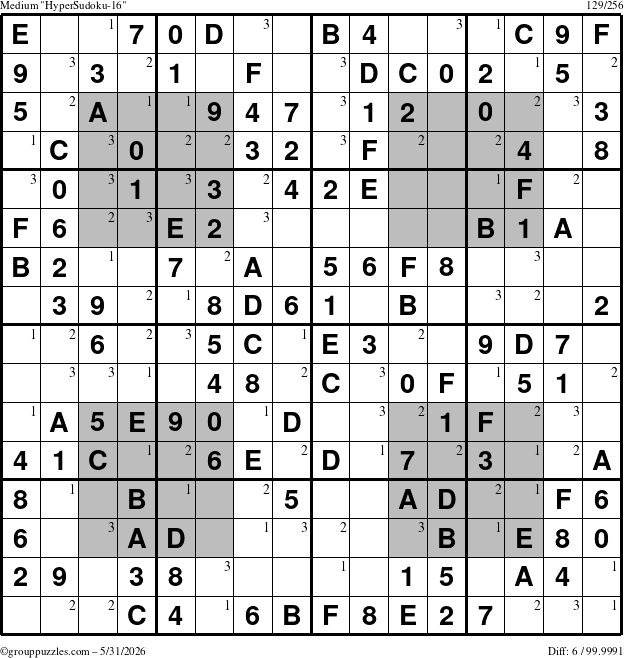 The grouppuzzles.com Medium HyperSudoku-16 puzzle for Sunday May 31, 2026 with the first 3 steps marked