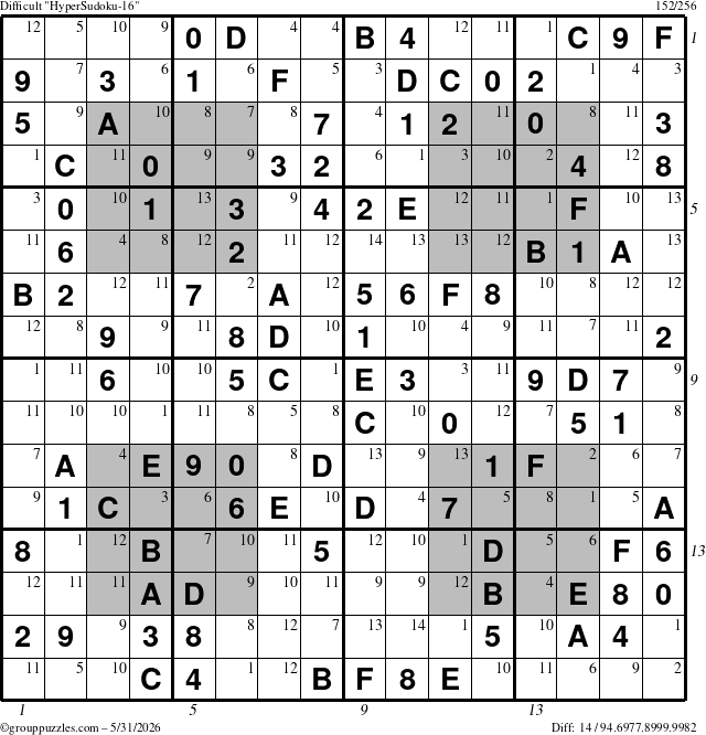 The grouppuzzles.com Difficult HyperSudoku-16 puzzle for Sunday May 31, 2026, suitable for printing, with all 14 steps marked