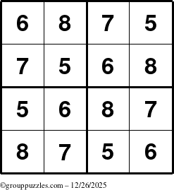 The grouppuzzles.com Answer grid for the Sudoku-4-5678 puzzle for Friday December 26, 2025