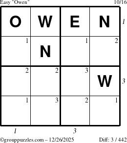 The grouppuzzles.com Easy Owen puzzle for Friday December 26, 2025, suitable for printing, with all 3 steps marked