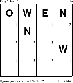 The grouppuzzles.com Easy Owen puzzle for Friday December 26, 2025 with the first 3 steps marked