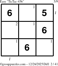 The grouppuzzles.com Easy TicTac-456 puzzle for Friday December 26, 2025 with all 2 steps marked