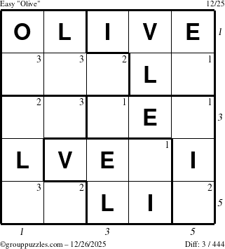 The grouppuzzles.com Easy Olive puzzle for Friday December 26, 2025, suitable for printing, with all 3 steps marked