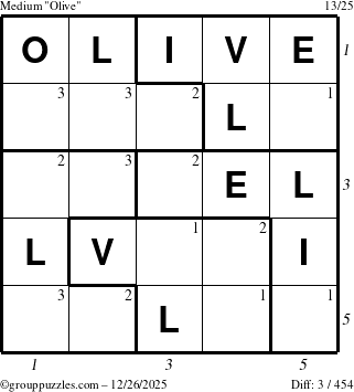 The grouppuzzles.com Medium Olive puzzle for Friday December 26, 2025 with all 3 steps marked