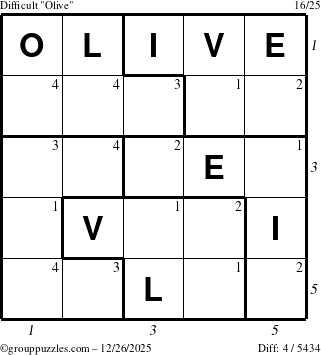 The grouppuzzles.com Difficult Olive puzzle for Friday December 26, 2025 with all 4 steps marked