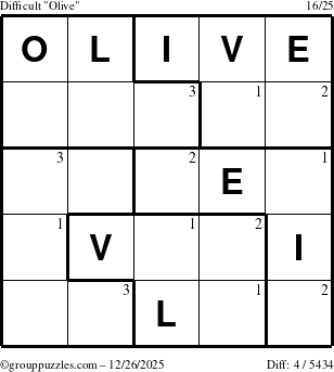 The grouppuzzles.com Difficult Olive puzzle for Friday December 26, 2025 with the first 3 steps marked