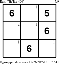The grouppuzzles.com Easy TicTac-456 puzzle for Friday December 26, 2025 with the first 2 steps marked