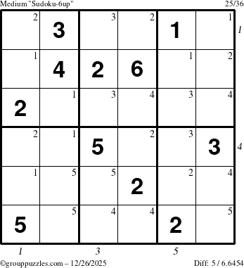 The grouppuzzles.com Medium Sudoku-6up puzzle for Friday December 26, 2025, suitable for printing, with all 5 steps marked