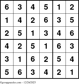 The grouppuzzles.com Answer grid for the Sudoku-6up puzzle for Friday December 26, 2025