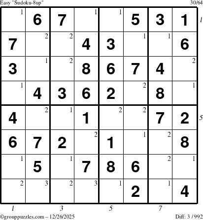 The grouppuzzles.com Easy Sudoku-8up puzzle for Friday December 26, 2025 with all 3 steps marked