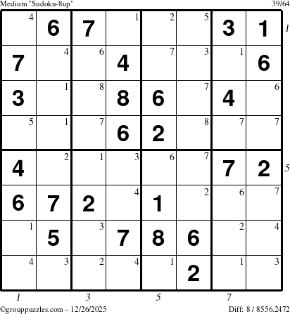The grouppuzzles.com Medium Sudoku-8up puzzle for Friday December 26, 2025, suitable for printing, with all 8 steps marked