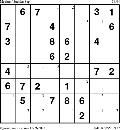 The grouppuzzles.com Medium Sudoku-8up puzzle for Friday December 26, 2025 with the first 3 steps marked