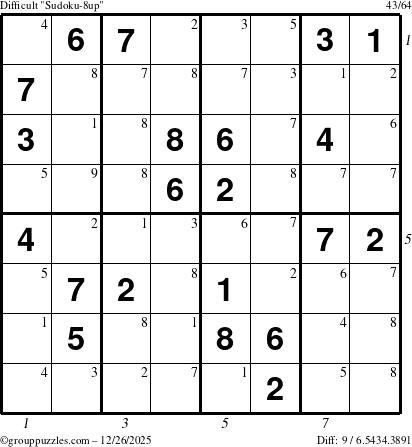 The grouppuzzles.com Difficult Sudoku-8up puzzle for Friday December 26, 2025 with all 9 steps marked