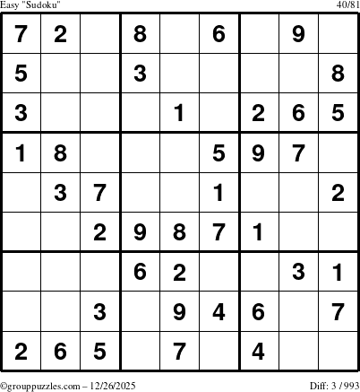 The grouppuzzles.com Easy Sudoku puzzle for Friday December 26, 2025