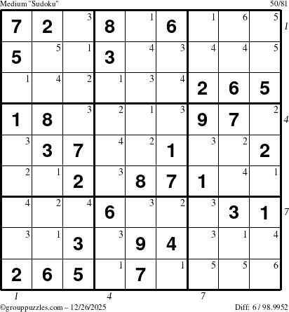 The grouppuzzles.com Medium Sudoku puzzle for Friday December 26, 2025, suitable for printing, with all 6 steps marked
