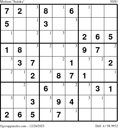 The grouppuzzles.com Medium Sudoku puzzle for Friday December 26, 2025 with the first 3 steps marked