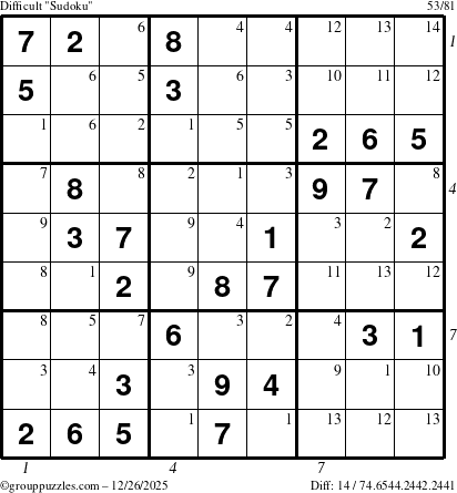 The grouppuzzles.com Difficult Sudoku puzzle for Friday December 26, 2025, suitable for printing, with all 14 steps marked