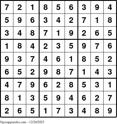 The grouppuzzles.com Answer grid for the Sudoku puzzle for Friday December 26, 2025