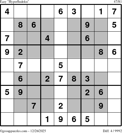The grouppuzzles.com Easy HyperSudoku puzzle for Friday December 26, 2025